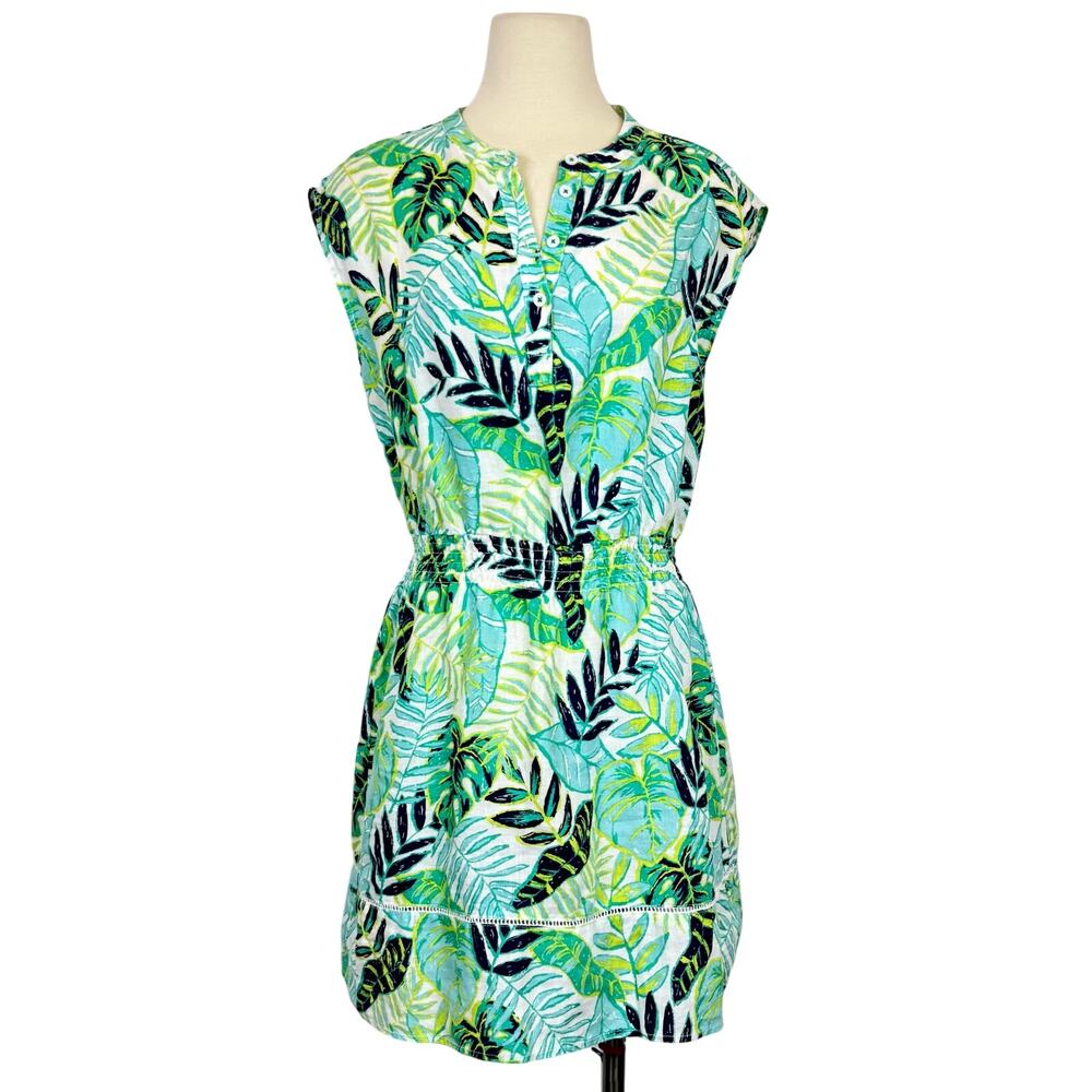 Hatley Linen Abby Shirt Dress Sleeveless Tropical Green Palm Leaf Print M